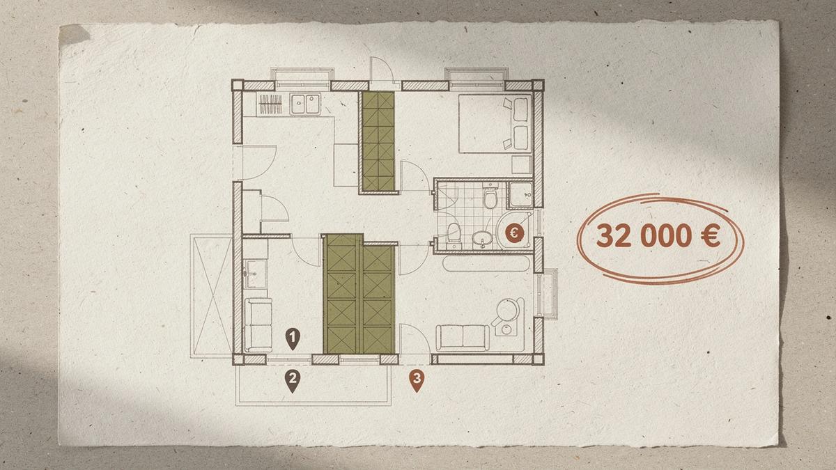 Apartment plan plate annotated with numbered callouts for closed storage volume, entry clearance and budget band